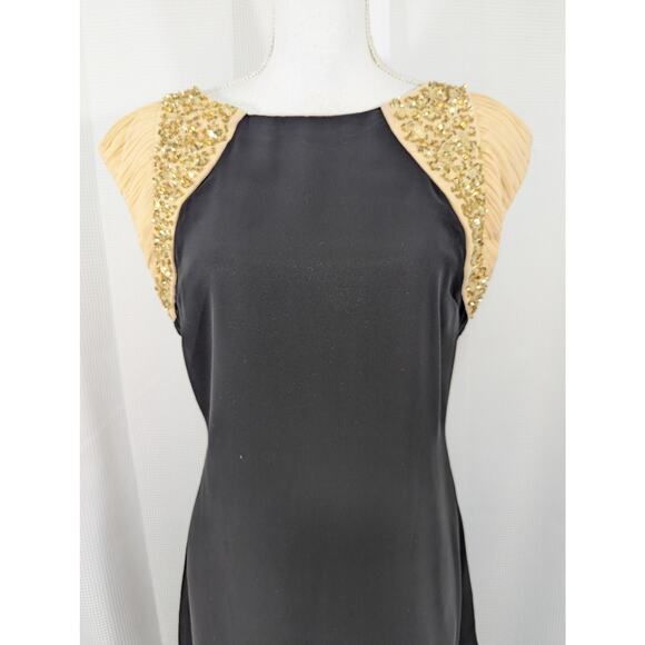 LONDON DRESS COMPANY! BLACK CHIFFON W/GOLDEN NUDE SHOULDER DETAIL DRESS! SZ 10 - Picture 3 of 9